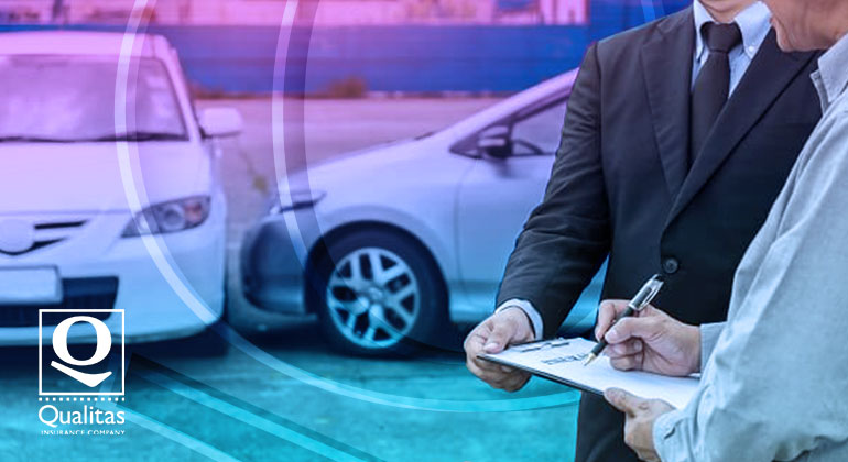 car accident on background insurance agent helping fillout forms